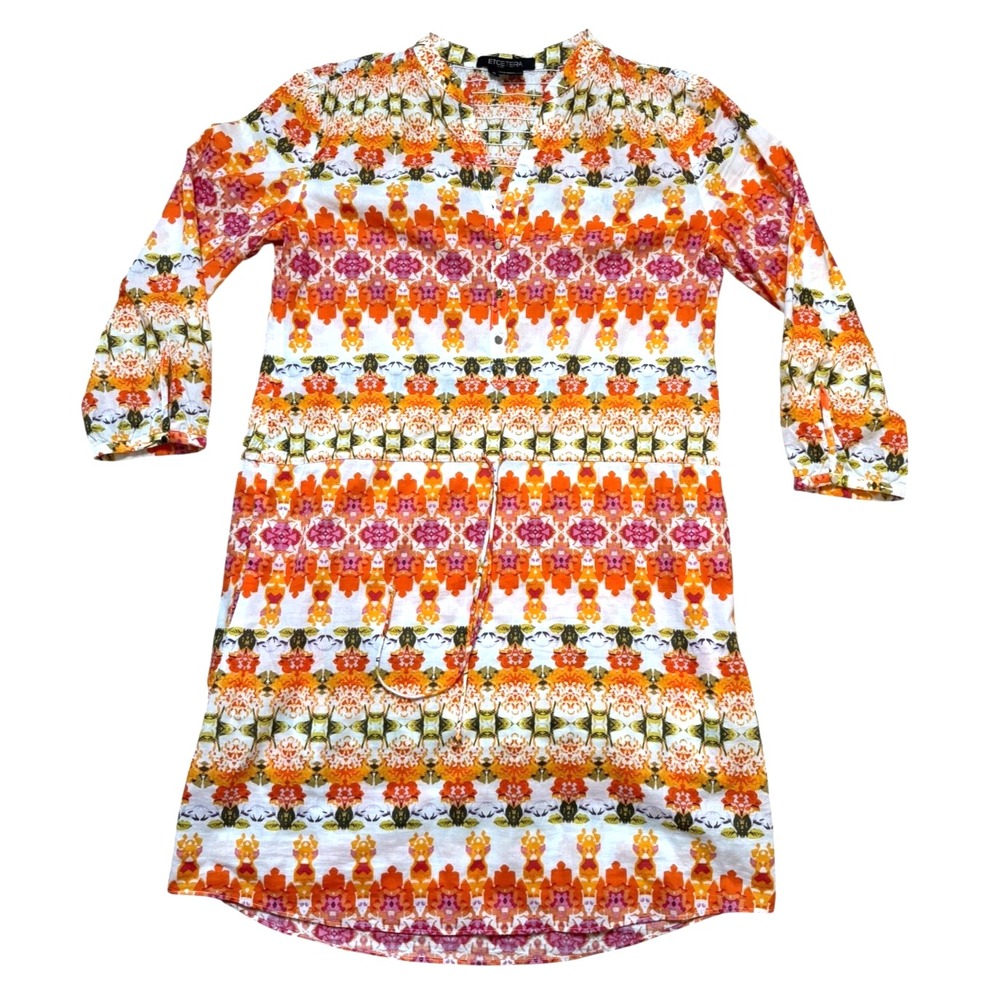 Etcetera Floral Mixed Print Cotton Dress Size 0 Tie Waist 3/4‎ Sleeve Pockets